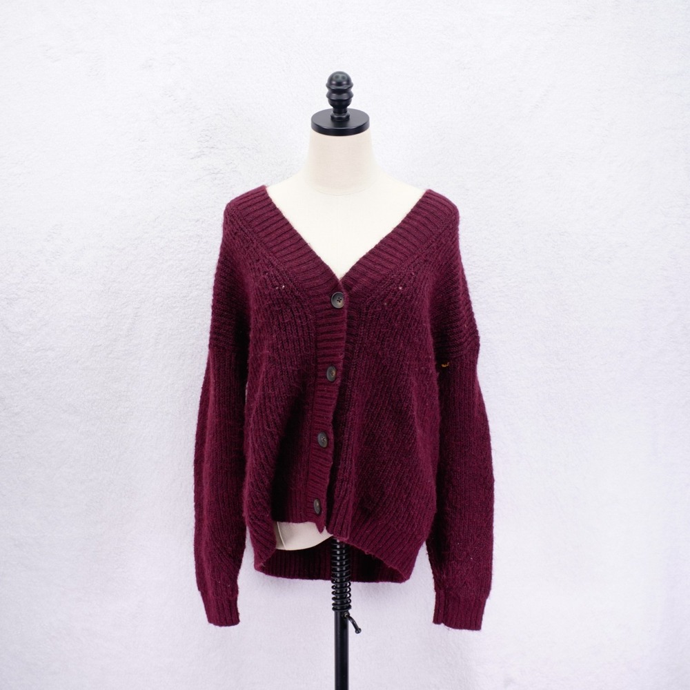 Old Navy Small Red Button Up Ribbed Knit V Neck Cardigan Sweater Polyester Nylon